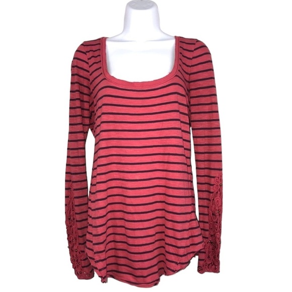 Free People Hard Candy Striped Henley Red Crochet Cuffs - Picture 13 of 14